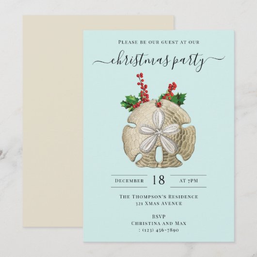 Invitation Christmas Party Sand Dollar Holly Berries Coastal (Devant / Derrière)