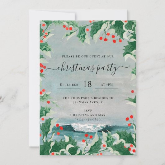 Invitation Christmas Party Watercolor Beach Coastal Holly (Devant)
