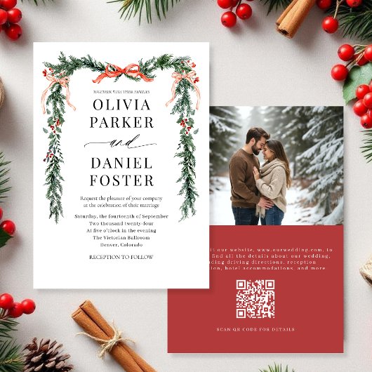 Invitation Christmas Photo QR Code Watercolor Red Bow Wedding
