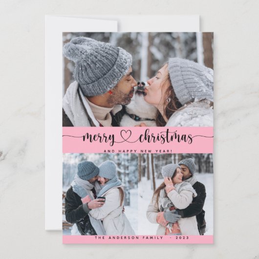 Invitation Christmas Pink 3 Collage Multi Photo Holiday Card (Devant)
