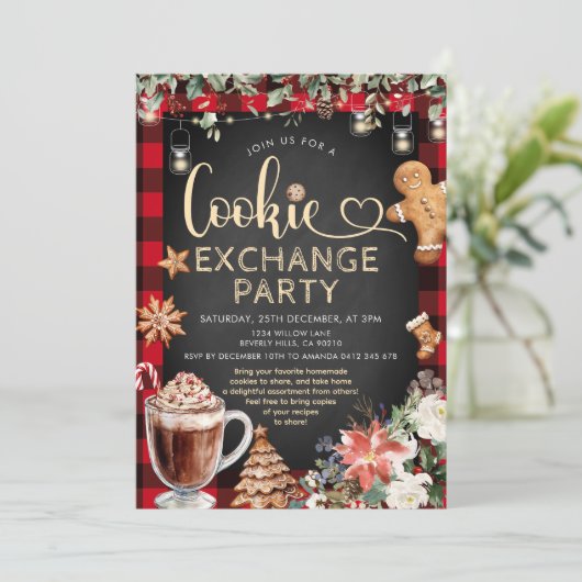 Invitation Christmas Plaid Cookie Cocoa Exchange Party (Debout devant)
