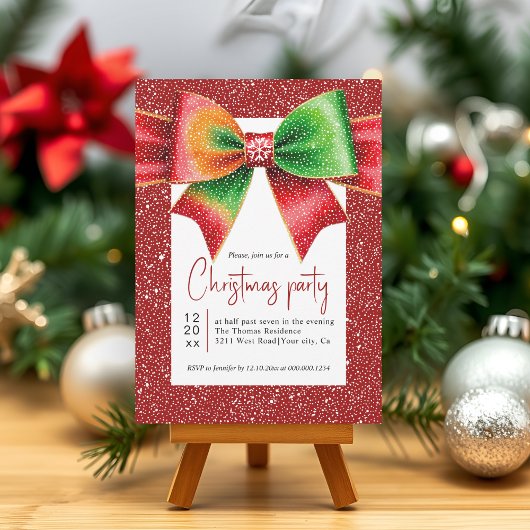 Invitation Christmas red and green bow and snowflakes party