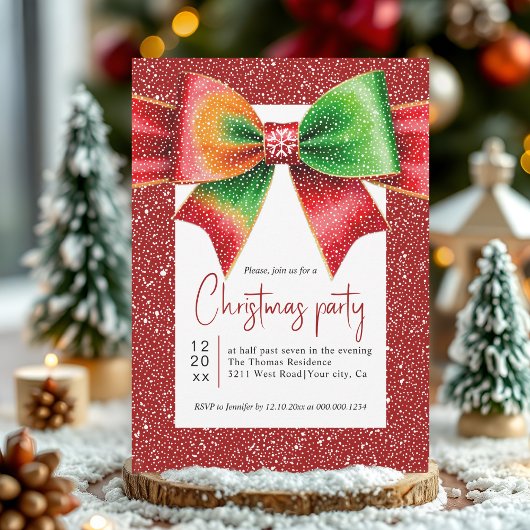 Invitation Christmas red and green bow and snowflakes party