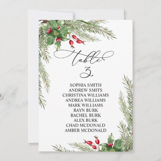 Invitation Christmas Red Berries Table Number 3 Seating Chart (Devant)