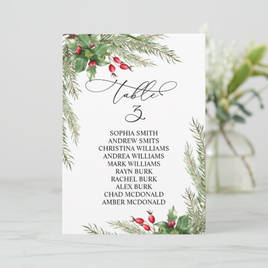 Invitation Christmas Red Berries Table Number 3 Seating Chart (Debout devant)