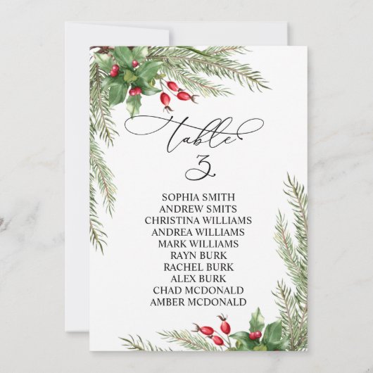 Invitation Christmas Red Berries Table Number 3 Seating Chart (Dos)