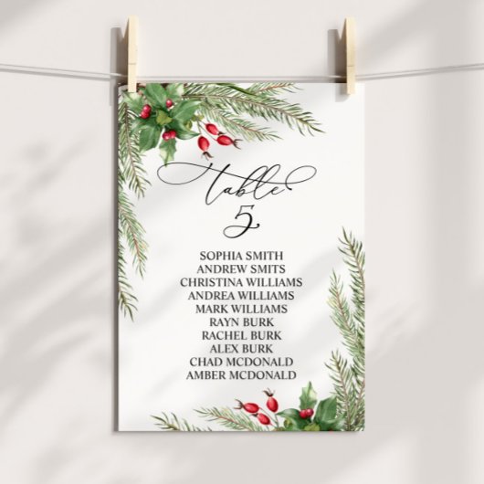Invitation Christmas Red Berries Table Number 5 Seating Chart