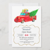 Invitation Christmas red truck with a Christmas tree and veni (Devant)
