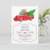 Invitation Christmas red truck with a Christmas tree and veni (Debout devant)
