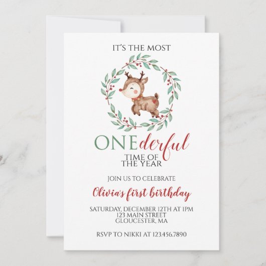 Invitation Christmas Reindeer Onederday Premier anniversaire (Devant)
