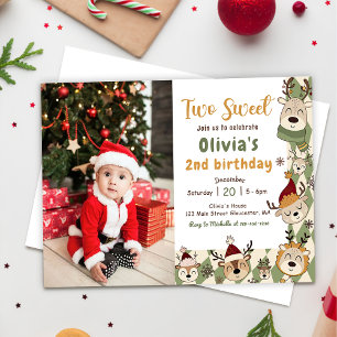 Invitation Christmas Reindeer Two Sweet 2nd Birthday Photo