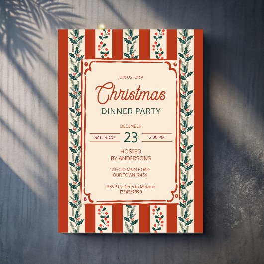 Invitation Christmas retro stripes grandmilenial dinner party