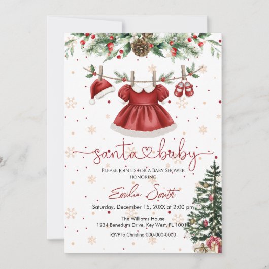 Invitation christmas santa baby clothesline baby shower (Devant)
