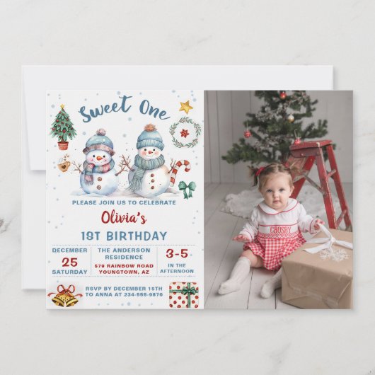 Invitation Christmas Snowman Sweet One 1st Birthday Photo (Devant)
