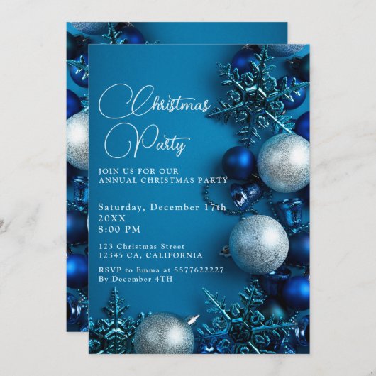 Invitation Christmas Tree Ornament Party Blue  (Devant / Derrière)