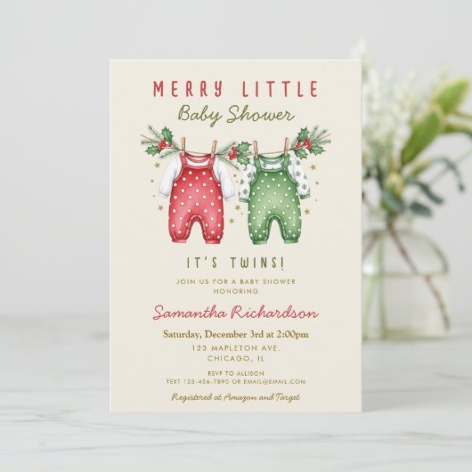 Invitation Christmas Twins Clothes Merry little baby shower (Debout devant)