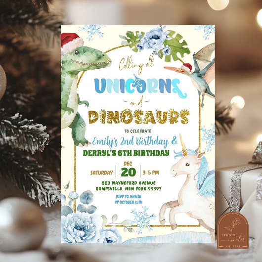 Invitation Christmas Unicorns and Dinosaur Joint Birthday