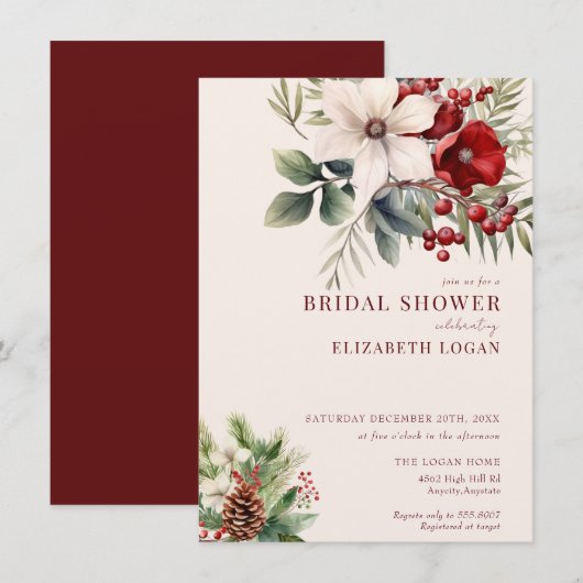 Invitation Christmas Winter Floral | Red Bridal Shower (Devant / Derrière)