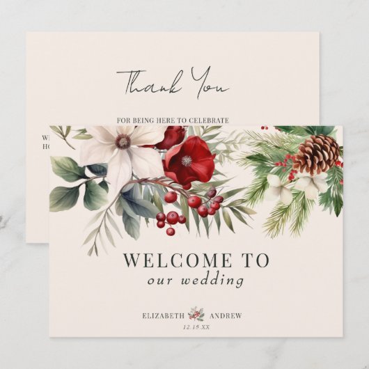 Invitation Christmas Winter Floral Wedding Welcome Cards (Devant / Derrière)