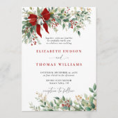 Invitation Christmas Winter Greenery Bow Bells Rustic Wedding (Devant)