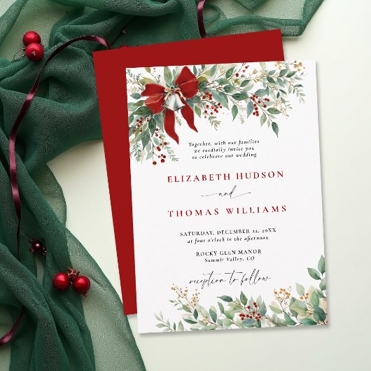 Invitation Christmas Winter Greenery Bow Bells Rustic Wedding