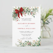 Invitation Christmas Winter Greenery Bow Red Rustic Wedding (Debout devant)