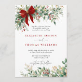 Invitation Christmas Winter Greenery Bow Red Rustic Wedding (Devant)