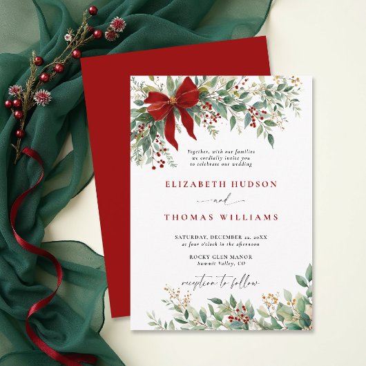 Invitation Christmas Winter Greenery Bow Red Rustic Wedding
