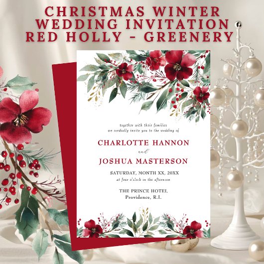 Invitation Christmas Winter Wedding Red Holly and Greenery