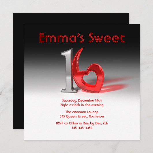 Invitation Chrome & Candy Red Sweet 16 (Devant / Derrière)