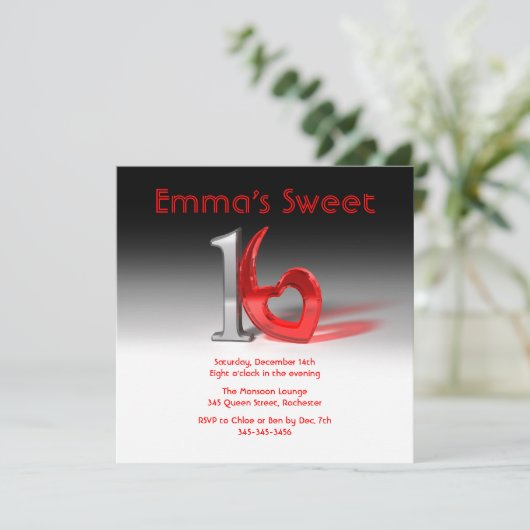 Invitation Chrome & Candy Red Sweet 16 (Debout devant)