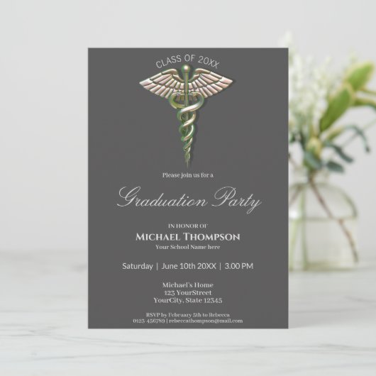 Invitation Chrome Holographique Caduceus Graduation Invitatio (Debout devant)