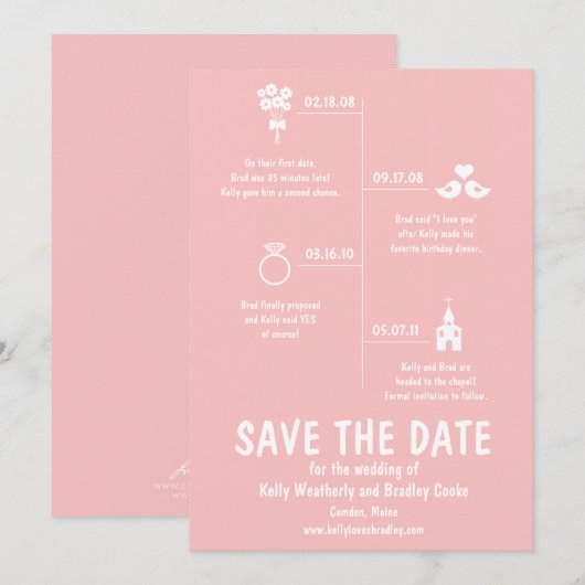 Invitation Chronologie de la relation rose mariage Save the D (Devant / Derrière)