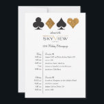 Invitation Chronologie de l'événement d'entreprise de Las Veg<br><div class="desc">Plus facile à lire,  c'est parfait pour un voyage d'affaires à Las Vegas ou un événement sur le thème du casino,  cette carte de chronologie comporte de fausses paillettes dorées et des enseignes de cartes noires sur fond blanc avec un texte entièrement personnalisé et un dos assorti.</div>