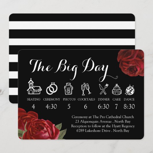 Invitation Chronologie du Mariage des roses blanches et rouge (Devant / Derrière)