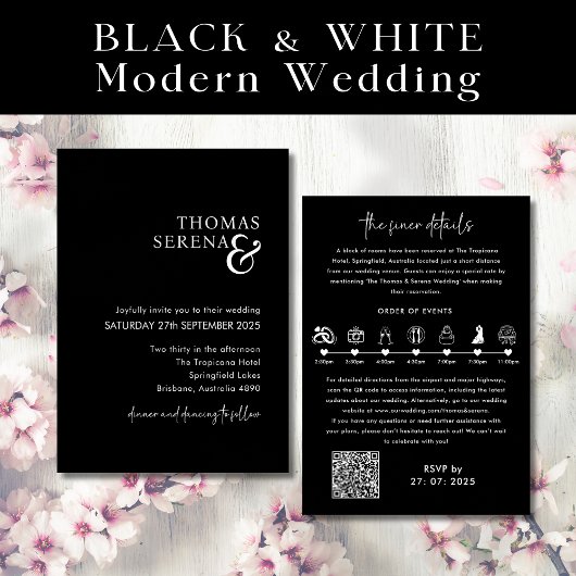 Invitation Chronologie du Mariage noir et blanc du code QR