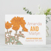 Invitation Chrysanthème de mariage blanc orange reporté (Debout devant)