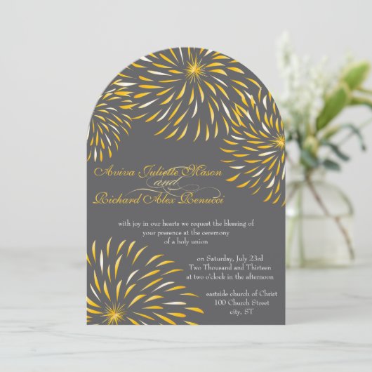 Invitation Chrysanthème floral moderne gris et jaune (Debout devant)