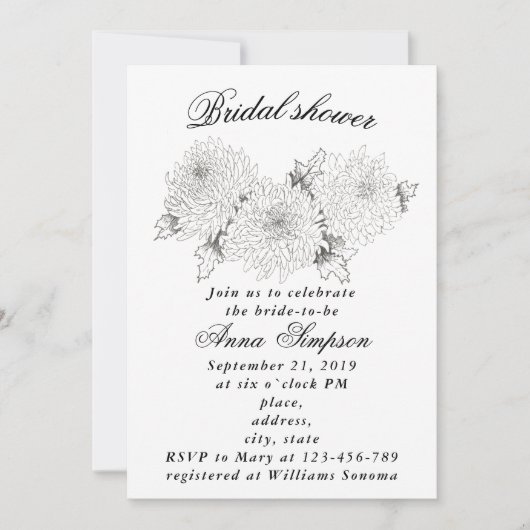 Invitation Chrysanthème noir et blanc nuptiale douche invita (Devant)