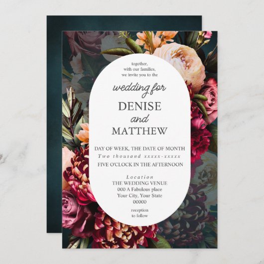 Invitation Chrysanthème romantique sur Mariage Turquoise (Devant / Derrière)