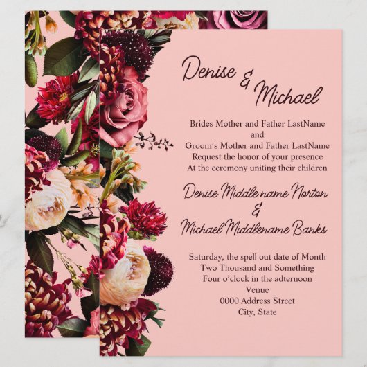 Invitation Chrysanthème romantique sur rose arachnéen (Devant / Derrière)