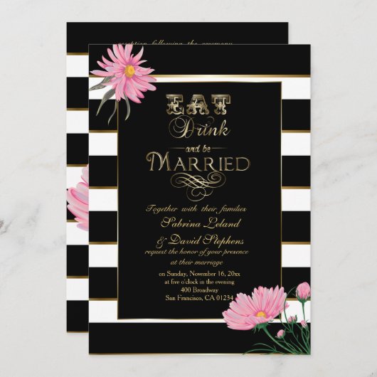 Invitation Chrysanthème rose mariage Blancs noirs (Devant / Derrière)