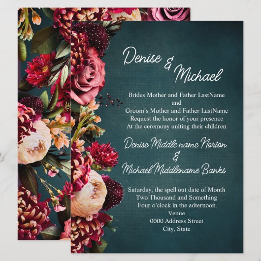 Invitation Chrysanthème sur Mariage Turquoise (Devant / Derrière)