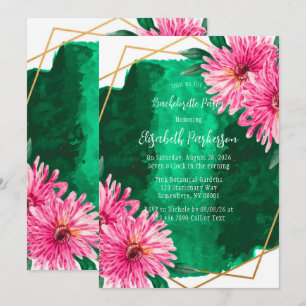 Invitation Chrysanthèmes roses Fête de Bachelorèse géométriqu