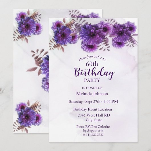 Invitation Chrysanthèmes violets 60e anniversaire (Devant / Derrière)