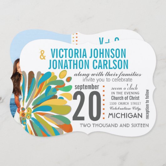 Invitation Chrysanthemum Coral Jaune Vert Floral Photo (Devant / Derrière)