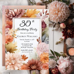 Invitation Chrysanthemums Peonies Floral 30th Birthday Party<br><div class="desc">Elegant chrysanthemums and peonies floral design "30th Birthday Party" featuring a floral frame of mums and peony flowers in burgundy,  burnt orange,  apricot and pink on a white background center panel.  Back design features a multi-layered coordinating colors watercolor background</div>