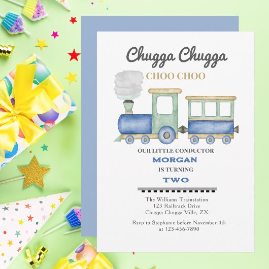Invitation Chugga Choo, train bleu pour le 2e anniversaire du