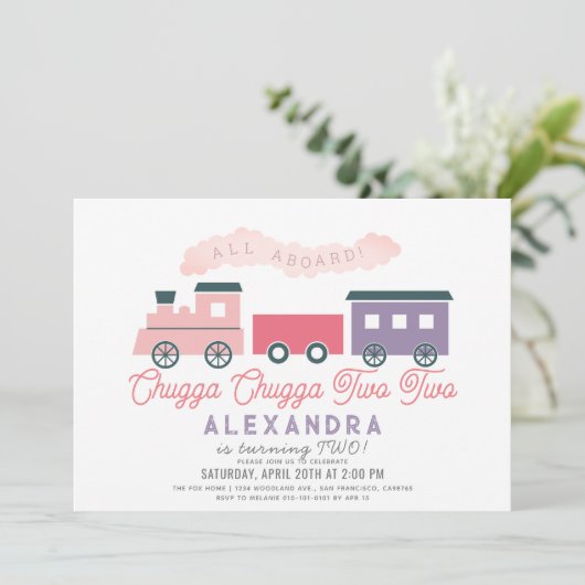 Invitation Chugga Chugga Deux Train Rose Girl 2e Anniversaire (Debout devant)