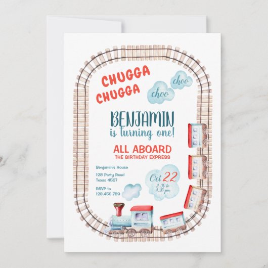 Invitation Chugga Train Choo Boy Red Blue Anniversaire Rails (Devant)